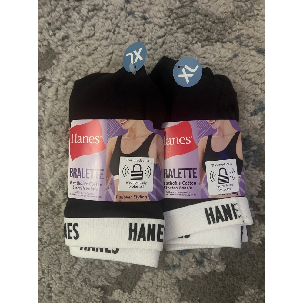 Hanes 2 Pack Bralette XL Black Cotton Stretch ComfortFlex Fit Pullover DGB101